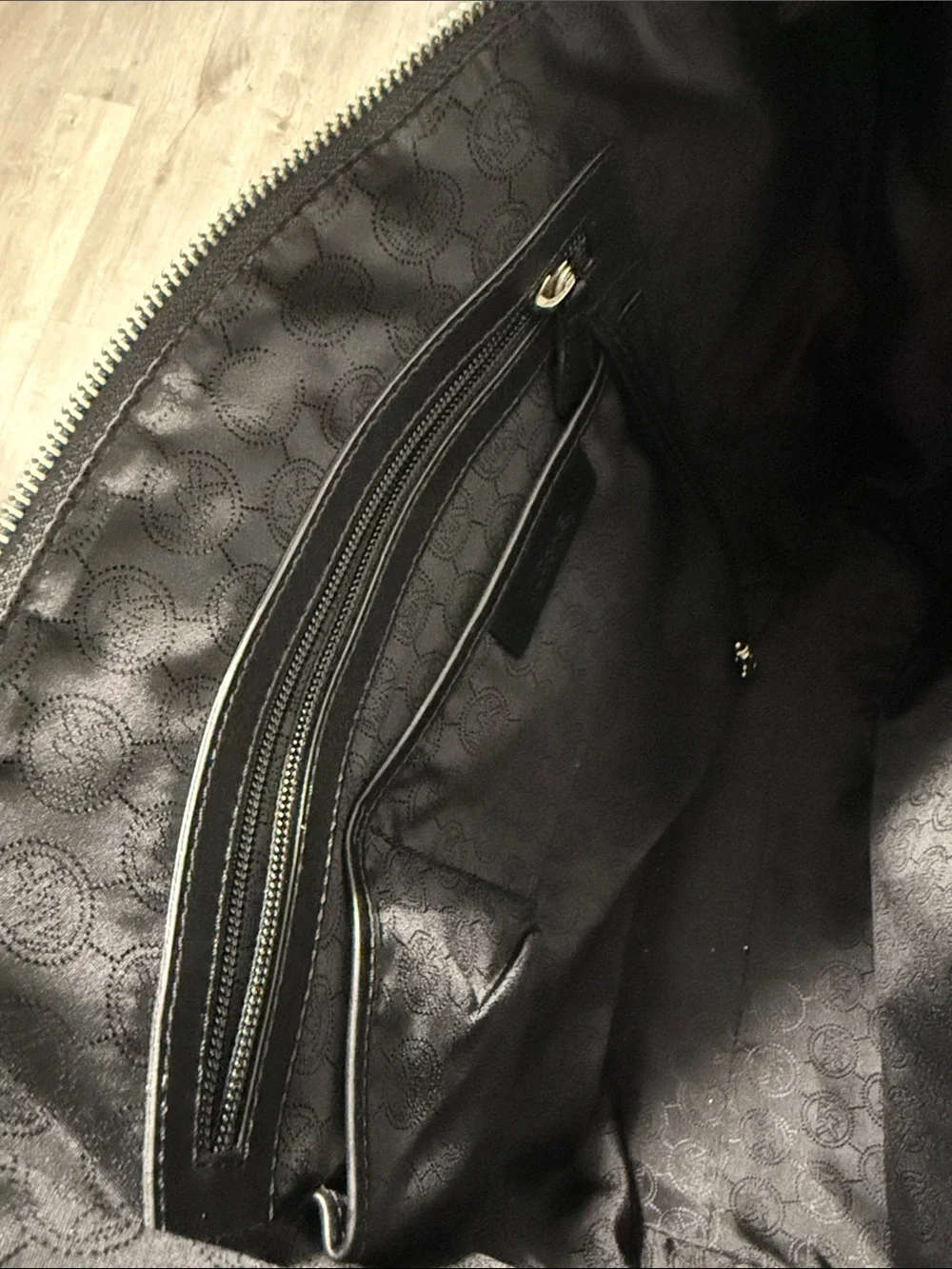 Michael Kors Black Logo Tote Bag- signature MK print; silver hardware